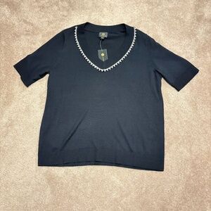 NWT Macy's JM Collection Black Rhinestone-Embellished Short-Sleeve Sweater, Sz L